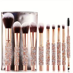 10Pcs Luxury Makeup Brush Set Diamond Rivet Handle Design Crystal Makeup Brush, For Face And Eye Makeup Brush Professional Foundation Concealer E (Option: Brown)
